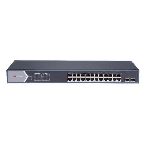 Imagine Switch 24 porturi Gigabit Hikvision DS-3E1526P-SI, L2, Smart Managed, 24 × gigabit PoE ports si 2 × gigabit fiber optical ports, Putere PoE 370W, maxim 30W per port,  Extend mode - pana la 300 metri, Switching capacity 52 Gbps, PoE watchdog, network topology management, alarm push, network health
