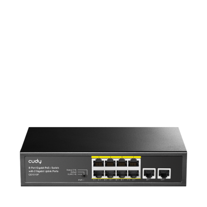 Imagine CUDY Switch Unmanaged PoE+, 8x porturi RJ-45 10/100/1000M PSE +2x porturi RJ45 10/100/1000 Uplink, VLAN ON/OFF, Extend ON/OFF, Watchdog ON/OFF，,standard 802.3af/at, Aternative 1/2(+),3/6(-), Rack-mountable Steel Case, sursa interna de 120W