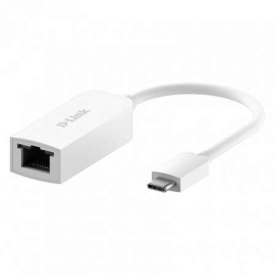 Imagine D-link USB-C to 2.5G Ethernet Adapter, DUB-E250; x1 RJ-45 2.5G Ethernet port & USB-C / Thunderbolt 3 Connector, x2 LED indicators for connection status.