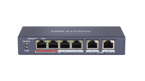 Imagine Switch PoE Hikvision DS-3E0106P-E/M(B): 4 x 10/100Mbps PoE port, and 2 × 10/100Mbps RJ45 port, 4 porturi PoE maxim 30W, buget PoE 35W, tensiune alimentare 48 VDC, 0.8 A, dimensiuni: 145 mm × 68.45 mm × 25.6 mm, greutate: 0.27kg, montare pe birou sau pe perete.