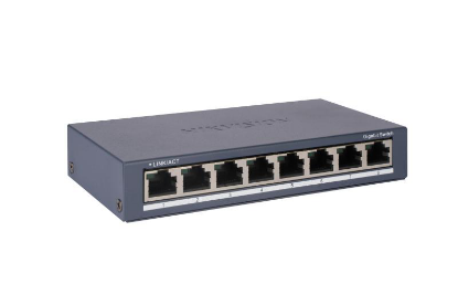 Imagine Switch Hikvision DS-3E0508-O: 8 × Gigabit RJ45 port maxim 3W, tensiune alimentare: 5VDC, 0.6A, dimensiuni: 145.00 mm × 25.60 mm × 68.45 mm, greutate: 0.24kg, montare pe birou sau pe perete.