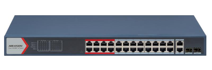 Imagine Switch 24 porturi Hikvision DS-3E1326P-EI(B), L2, Smart Managed, 24 × 10/100 Mbps PoE RJ45 ports si 2 × gigabit combos, Putere PoE 370W, Extend mode - pana la 300 metri, maxim 30W per port, Switching capacity 8.8 Gbps, Network topology management, alarm push, network health monitor, video control