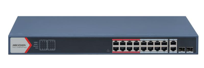Imagine Switch 16 porturi POE Hikvision DS-3E1318P-EI(B), L2, Smart Managed, 16 × 100 Mbps PoE RJ45 ports si 2 × porturi gigabit, Putere PoE 230W, maxim 30W per port, Extend mode - pana la 300 metri,  Switching capacity 7.2 Gbps, Visualized Topology Management, Network Health Monitor, Real-Time Alarm Push