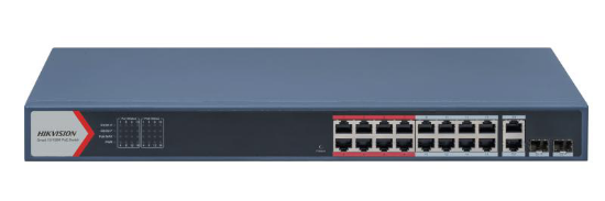 Imagine Switch 16 porturi POE Hikvision DS-3E1318P-EI(B), L2, Smart Managed, 16 × 100 Mbps PoE RJ45 ports si 2 × porturi gigabit, Putere PoE 230W, maxim 30W per port, Extend mode - pana la 300 metri,  Switching capacity 7.2 Gbps, Visualized Topology Management, Network Health Monitor, Real-Time Alarm Push