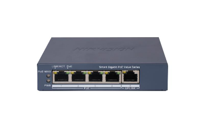 Imagine Switch PoE Hikvision DS-3E1505P-EI/M, 4 × Gigabit PoE port,1 × Gigabit RJ45 port, Total PoE Power Budget 45W, Support 802.1Q VLAN, capacitate: 10 Gbps, alimentare: 54VDC, 0.92A, dimensiuni: 121.1 mm × 27.6 mm × 83.1 mm, greutate: 0.26kg.