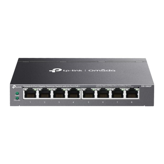 Imagine Switch TP Link Omada 8-Port Gigabit Unmanaged Desktop cu  8× 10/100/1000 Mbps RJ45 Ports, alimentare externa External Power Adapter(Output: 53.5VDC / 1.31A),  capacitate 16 Gbps