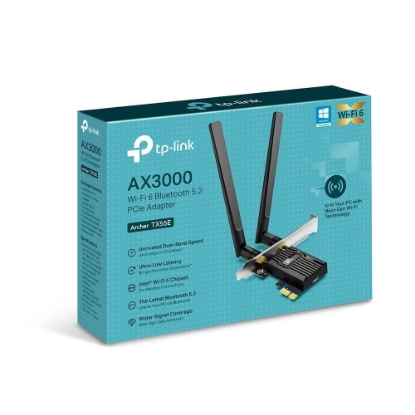 Imagine TP-Link Adaptor PCle Wi-Fi 6 AX3000 WI-FI 6 cu Bluetooth 5.2 ARCHER TX55E, 2× Antene Dual-Band High-Gain, Standarde wireless: IEEE 802.11ax/ac/n/a 5 GHz IEEE 802.11ax/n/g/b 2.4 GHz, Bluetooth 5.2/5.0/4.2/4.0, Viteza wireless: 5 GHz-Up to 2402 Mbps, 2.4Ghz-Up to 574 Mbps,