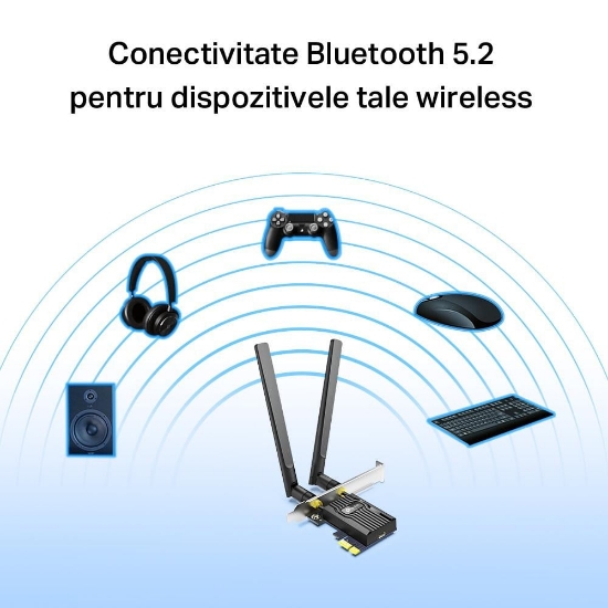 Imagine TP-Link Adaptor PCle Wi-Fi 6 AX3000 WI-FI 6 cu Bluetooth 5.2 ARCHER TX55E, 2× Antene Dual-Band High-Gain, Standarde wireless: IEEE 802.11ax/ac/n/a 5 GHz IEEE 802.11ax/n/g/b 2.4 GHz, Bluetooth 5.2/5.0/4.2/4.0, Viteza wireless: 5 GHz-Up to 2402 Mbps, 2.4Ghz-Up to 574 Mbps,