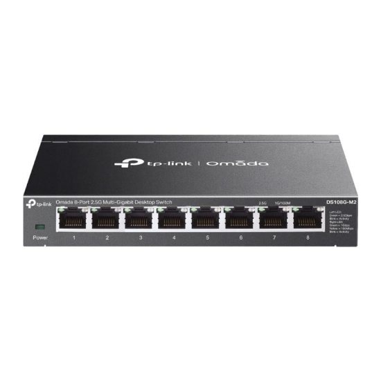 Imagine Switch TP-Link DS108G-M2, 8 x porturi RJ-45, viteza LAN 10/100/1000/2500 Mbps, standarde IEEE 802.3u, 802.3ab, 802.3x, 802.1p, 802.3bz, caracteristici speciale 802.3X Flow Control, 802.1p/DSCP QoS, IGMP Snooping, Store and Forward