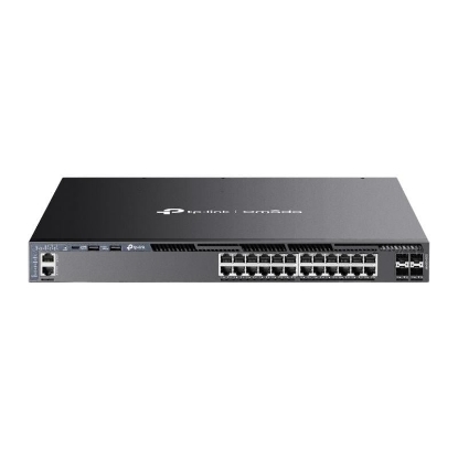 Imagine TP-Link Switch 24 porturi, Management L3, POE+, 4 porturi 10G SFP,Interfata: 24× 10/100/1000 Mbps PoE+ RJ45 Ports, 4× 10G SFP+, 2× USB 2.0, 1× RJ45 Console Por, 1× USB Type-C Console Port, 1× RJ45 Management Port, Buget POE: 720W, 24 x 30W, Dimensiuni: 440 × 420 × 44 mm, Montare in rack, Capacitate