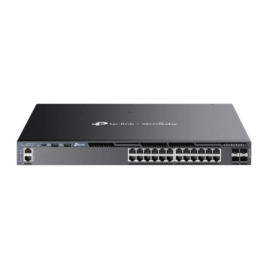 Imagine TP-Link Switch 24 porturi, Management L3, POE+, 4 porturi 10G SFP,Interfata: 24× 10/100/1000 Mbps PoE+ RJ45 Ports, 4× 10G SFP+, 2× USB 2.0, 1× RJ45 Console Por, 1× USB Type-C Console Port, 1× RJ45 Management Port, Buget POE: 720W, 24 x 30W, Dimensiuni: 440 × 420 × 44 mm, Montare in rack, Capacitate