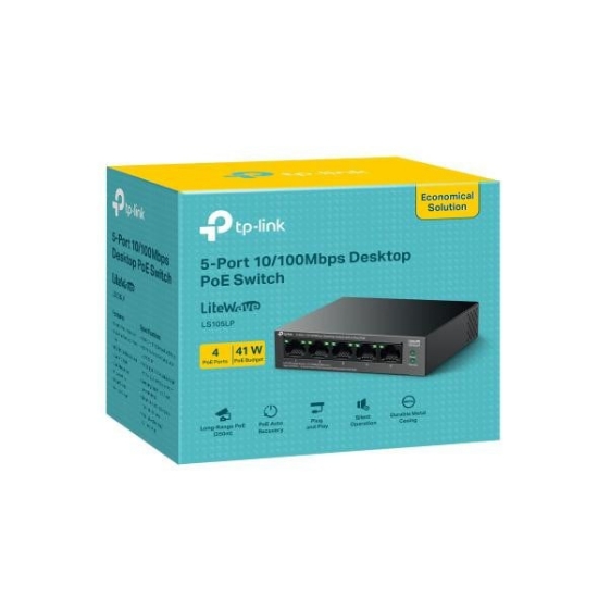 Imagine "5-Port 10/100 Mbps Desktop Switch with 4-Port PoE PORT: 4× 10/100 Mbps PoE Ports, 1× 10/100 Mbps Non-PoE Port SPEC: 802.3af, 41 W PoE Power, Desktop Steel Case FEATURE: Extend Mode for 250m PoE Transmitting, PoE Auto Recovery, Plug and Play"