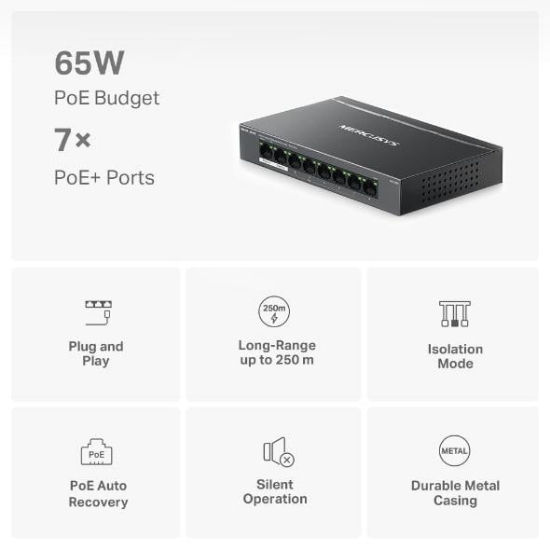 Imagine Switch Mercusys Desktop  8 porturi Gigabit, MS108GP, 7 porturi POE (1-7) , buget POE: 65 W, Standarde si protocoale: IEEE 802.3x Flow Control, Dimensiuni: 171*98*27 mm.