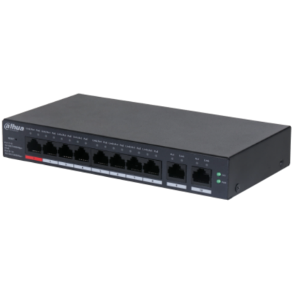 Imagine Dahua 10 Port Cloud managed POE switch CS4010-8ET-110, Interfata: Port 1-8: 8 × RJ-45 10/100 Mbps (PoE); Port 9-10: 2 × RJ-45 10/100/1000 Mbps（uplink）, Managed, Layer 2, Switching Capacity: 5.6 Gbps, Packet Forwarding Rate: 4.17 Mpps, Standarde retea: IEEE802.3; IEEE802.3u; IEEE802.3x; IEEE802.3ab