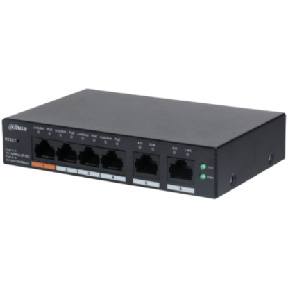 Imagine DAHUA 6 port Managed Desktop switch, CS4006-4ET-60, Interfata: Port 1-4: 4 × RJ-45 10/100 Mbps (PoE); Port 5-6: 2 × RJ-45 10/100/1000 Mbps (uplink), Managd, Layer 2, Switching Capacity: 4.8 Gbps, Packet Forwarding Rate, 3.57 Mpps, Standarde retea: IEEE802.3; IEEE802.3u; IEEE802.3x; IEEE802.3ab