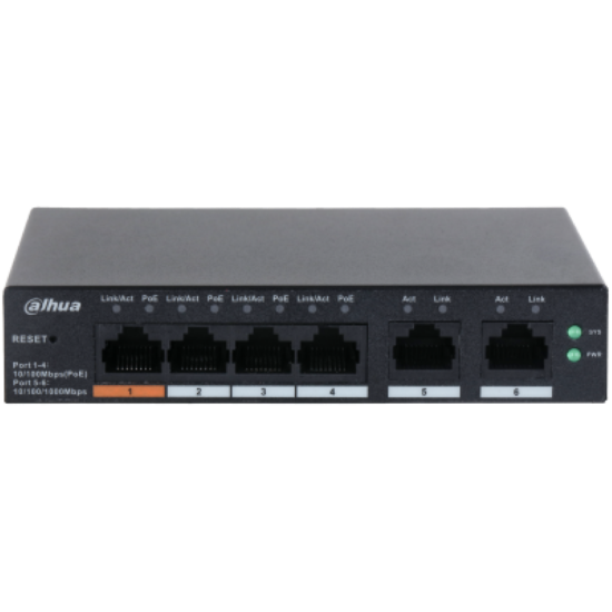 Imagine DAHUA 6 port Managed Desktop switch, CS4006-4ET-60, Interfata: Port 1-4: 4 × RJ-45 10/100 Mbps (PoE); Port 5-6: 2 × RJ-45 10/100/1000 Mbps (uplink), Managd, Layer 2, Switching Capacity: 4.8 Gbps, Packet Forwarding Rate, 3.57 Mpps, Standarde retea: IEEE802.3; IEEE802.3u; IEEE802.3x; IEEE802.3ab