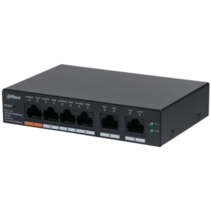 Imagine Dahua desktop switch, 6 porturi Gigabit, 4 porturi POE, CS4006-4GT-60, Port 1-4: 4 × RJ-45 10/100/1000 Mbps (POE),  Port 5-6: 2 × RJ-45 10/100/1000 Mbps (uplink), Cloud managed, Layer 2, Switching Capacity: 12Gbps, Packet Forwarding Rate: 8.93 Mpps, Standarde retea: IEEE802.3; IEEE802.3u