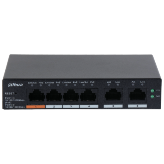 Imagine Dahua desktop switch, 6 porturi Gigabit, 4 porturi POE, CS4006-4GT-60, Port 1-4: 4 × RJ-45 10/100/1000 Mbps (POE),  Port 5-6: 2 × RJ-45 10/100/1000 Mbps (uplink), Cloud managed, Layer 2, Switching Capacity: 12Gbps, Packet Forwarding Rate: 8.93 Mpps, Standarde retea: IEEE802.3; IEEE802.3u