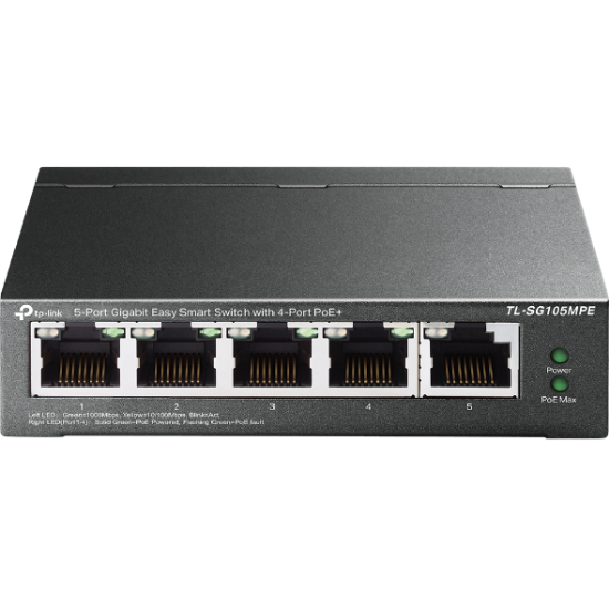 Imagine "5-Port Gigabit Easy Smart Switch with 4-Port PoE+ PORT: 4× Gigabit PoE+ Ports, 1× Gigabit Non-PoE Ports SPEC: 802.3af/at, 120 W PoE Power, Desktop Steel Case FEATURE: PoE Auto Recovery, MTU/Port/Tag-based VLAN, QoS, IGMP Snooping, Web/Utility Management, Plug and Play"