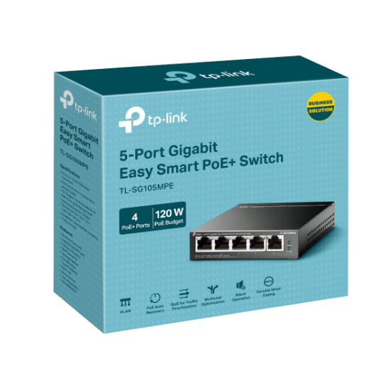 Imagine "5-Port Gigabit Easy Smart Switch with 4-Port PoE+ PORT: 4× Gigabit PoE+ Ports, 1× Gigabit Non-PoE Ports SPEC: 802.3af/at, 120 W PoE Power, Desktop Steel Case FEATURE: PoE Auto Recovery, MTU/Port/Tag-based VLAN, QoS, IGMP Snooping, Web/Utility Management, Plug and Play"