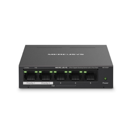 Imagine MERCUSYS DESKTOP SWITCH 5PORT MS105GP POE, Interfata: 5 x 5× 10/100/1000 Mbps RJ45 ports, 4 x POE, PoE Power Budget: 65 W, Standarde si protocoale: IEEE 802.3x Flow Control, dimensiuni: 99.8*98*25mm,