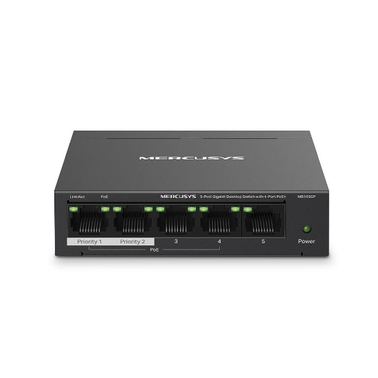 Imagine MERCUSYS DESKTOP SWITCH 5PORT MS105GP POE, Interfata: 5 x 5× 10/100/1000 Mbps RJ45 ports, 4 x POE, PoE Power Budget: 65 W, Standarde si protocoale: IEEE 802.3x Flow Control, dimensiuni: 99.8*98*25mm,