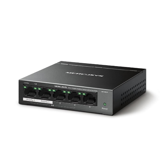 Imagine MERCUSYS DESKTOP SWITCH 5PORT MS105GP POE, Interfata: 5 x 5× 10/100/1000 Mbps RJ45 ports, 4 x POE, PoE Power Budget: 65 W, Standarde si protocoale: IEEE 802.3x Flow Control, dimensiuni: 99.8*98*25mm,