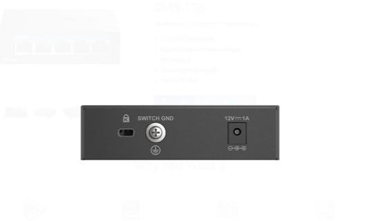 Imagine D-LINK DMS-105 UNMANAGED SWITCH 5 PORT, Interfata: 5 x 10/100Mbps/1G/2.5G, Auto MDI/MDIX, CAPACITATE SWITCH: 25gBPS, Packet Forwarding Rate:18.6 Mpps, Dimensiuni 100.5 x 82 x28mm, Greutate: 238.6 g.