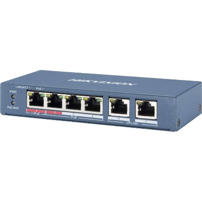 Imagine Switch 4 porturi PoE Hikvision DS-3E1106HP-EI 4 × 100 Mbps PoE RJ45 ports, 2 × 100 Mbps network RJ45 ports,IEEE 802.3at/af/bt standard for PoE ports,6 KV surge protection,AF/AT camera can reach up to 300 m in extend mode,Switching Capacity 1.2 Gbps, Packet Forwarding Rate 0.8928 Mpps,PoE Power
