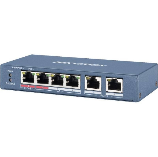 Imagine Switch 4 porturi PoE Hikvision DS-3E1106HP-EI 4 × 100 Mbps PoE RJ45 ports, 2 × 100 Mbps network RJ45 ports,IEEE 802.3at/af/bt standard for PoE ports,6 KV surge protection,AF/AT camera can reach up to 300 m in extend mode,Switching Capacity 1.2 Gbps, Packet Forwarding Rate 0.8928 Mpps,PoE Power