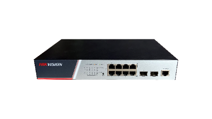 Imagine Switch Hikvision DS-3E2510P(B), Switching Capacity 336 Gbps, 8 Gigabit Poe electrical ports and 2 Gigabit / 100M SFP optical ports, Address Table 8 K, Support binding of IP, MAC, port and VLAN, dimensiuni: 280 mm × 44 mm × 180 mm, temperatura de functionare: -10°C to 50°C, greutate:1.2Kg
