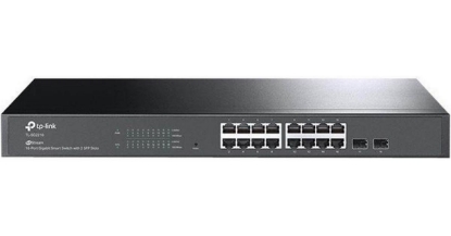 Imagine "JetStream™ 16-Port Gigabit Smart Switch with 2 Gigabit SFP Slots PORT: 16× Gigabit RJ45 Ports, 2× Gigabit SFP Slots SPEC: 1U 19-inch Rack-mountable Steel Case FEATURE: Integration with JetStream™ SDN Controller, Static Routing, 802.1Q VLAN, STP/RSTP/MSTP, IGMP Snooping, 802.1p/DSCP QoS, ACL