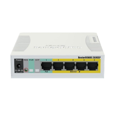 Imagine Mikrotik SOHO switch routerboard, RB260GSP, Flash Storage: 128 KB, PoEin: Passive, PoE out: Passive, 5* 10/100/1000 Ethernet ports, SFP DDMI,1* SFP ports