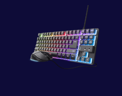 Imagine Kit Trust Wireless GXT 798 2-in-1, tastatura mecanica, interfata USB, material ABS, mouse optic, rezolutie maxima 6400 DPI, 6 butoane, negru