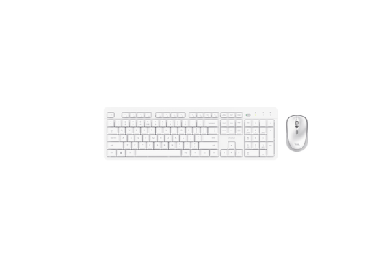 Imagine Kit Trust Ody II wireless, cu taste silentioase, cu functie de power saving, rezistenta la stropire, conectare tip USB-A 2.0, include 2 baterii, compatibila PC/Laptop (Windows, MacOS, Chrome OS), rezolutie mouse 1600 DPI, optic, alb