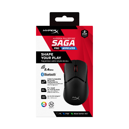Imagine Mouse wireless HP Hyperx Pulsefire Saga Pro, rezolutie 26000 dpi, 6 butoane, HyperX 26K Sensor, Iluminare RGB, baterie 450mAh Li-ion, Autonomie 90 ore, negru