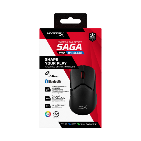 Imagine Mouse wireless HP Hyperx Pulsefire Saga Pro, rezolutie 26000 dpi, 6 butoane, HyperX 26K Sensor, Iluminare RGB, baterie 450mAh Li-ion, Autonomie 90 ore, negru