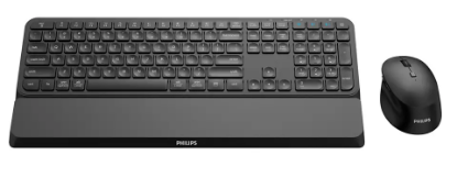 Imagine Kit Philips SPT6607, wireless, 2.4GHz + Bluetooth 3.0/5.0, 104 taste, membrana, suport incheietura detasabil, baterii 1x AAA + 1x AA, negru + mouse SPK7607