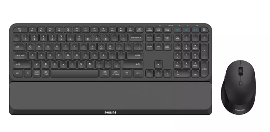 Imagine Kit Philips SPT6607, wireless, 2.4GHz + Bluetooth 3.0/5.0, 104 taste, membrana, suport incheietura detasabil, baterii 1x AAA + 1x AA, negru + mouse SPK7607