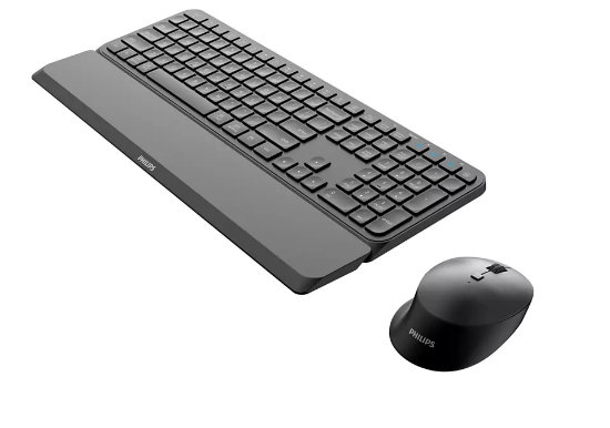 Imagine Kit Philips SPT6607, wireless, 2.4GHz + Bluetooth 3.0/5.0, 104 taste, membrana, suport incheietura detasabil, baterii 1x AAA + 1x AA, negru + mouse SPK7607