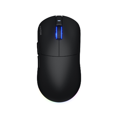 Imagine Mouse wireless Hator Quasar 3, conectivitate 2.4GHz, bluetooth si USB, polling rate pana la 1000Hz, rezolutie maxima 12000 DPI, capacitate baterie 600 mAh, durata de viata baterie in modul wireless pana la 100 ore, timp incarcare 2 ore, switch HATOR® Optical 100M, side switch Huano 3M, iluminare RGB