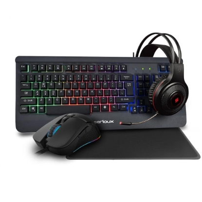 Imagine Kit Gaming Serioux Kayel 4 in 1, Tastatura de gaming, 104 taste, 19 taste Anti-ghosting , design slim, iluminare rainbow, structura metalica gri, taste negre + design cu palm rest, cablu USB 1.5M PVC, plug and play; Mouse gaming, senzor Sunplus 199, 800-6400 DPI, switch HUANO, pana la 20 milioane de