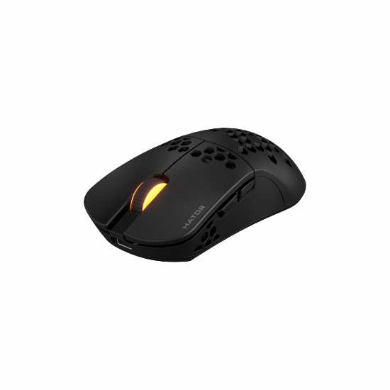Imagine Mouse wireless Hator Stellar Pro, conectivitate 2.4GHz, bluetooth si USB, polling rate pana la 1000Hz, capacitate baterie 300mAh, durata de viata baterie in modul wireless pana la 18 ore (iluminare pornita), pana la 42 de ore (iluminare oprita), timp incarcare 2 ore, tip senzor Optical PixArt 3395
