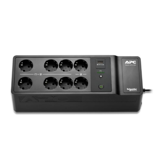 Imagine APC Back-UPS, 500VA/300W Floor/Wall Mount, 230V, 8x CEE 7/3 Schuko outlets, USB Type A Port, User Replaceable Battery,3 ani garantie echipament si 2 ani garantie baterie