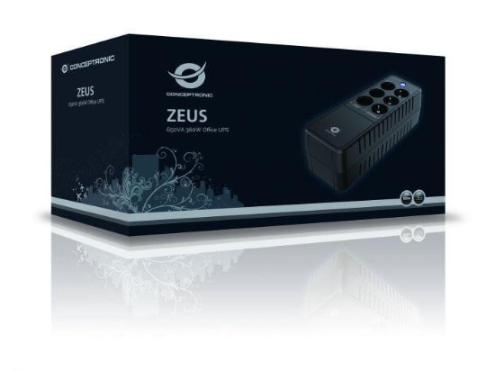 Imagine Conceptronic ZEUS05E 650VA 360W UPS, Schuko x 6 (3x surge protection 3x surge protection & battery backup), RJ45 In/Out, AVR, 110 x 309 x 84 mm
