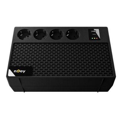 Imagine UPS nJoy Renton 650 Plus, 650VA / 360W, 4x prize Schuko conectate la baterie, 1x port incarcare USB Tip C 33W, 1x port de incarcare USB Tip A 18W, fara display LCD, tensiune nominala de intrare 230V  Caracteristici Stabilizator (AVR) de tip Boost and Buck Functie auto-restart la revenirea tensiunii