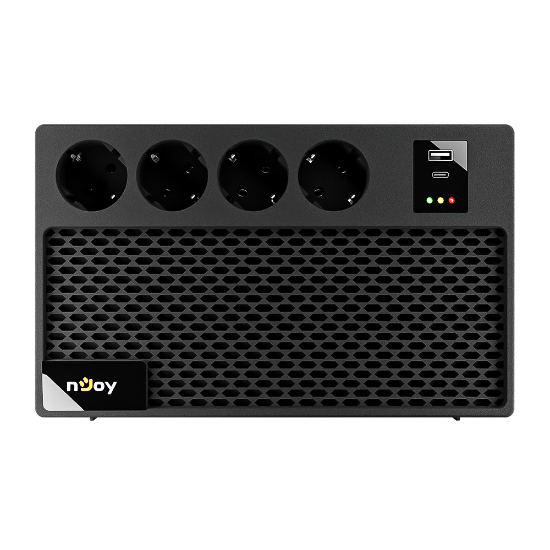 Imagine UPS nJoy Renton 650 Plus, 650VA / 360W, 4x prize Schuko conectate la baterie, 1x port incarcare USB Tip C 33W, 1x port de incarcare USB Tip A 18W, fara display LCD, tensiune nominala de intrare 230V  Caracteristici Stabilizator (AVR) de tip Boost and Buck Functie auto-restart la revenirea tensiunii