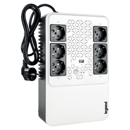 Imagine UPS Legrand MULTIPLUG 600, 600VA/360W, 6x German standard sockets, USB charger, baterie 1x 12V 7.2Ah, 230V, tehnologie Line interactiv, dimensiuni 190 x 89.5 x 296mm
