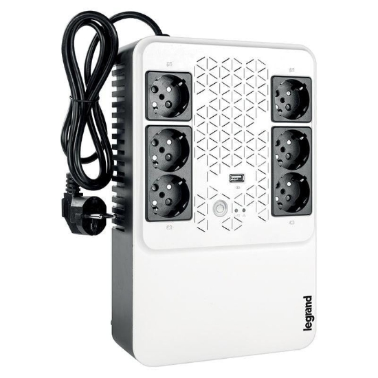 Imagine UPS Legrand MULTIPLUG 600, 600VA/360W, 6x German standard sockets, USB charger, baterie 1x 12V 7.2Ah, 230V, tehnologie Line interactiv, dimensiuni 190 x 89.5 x 296mm