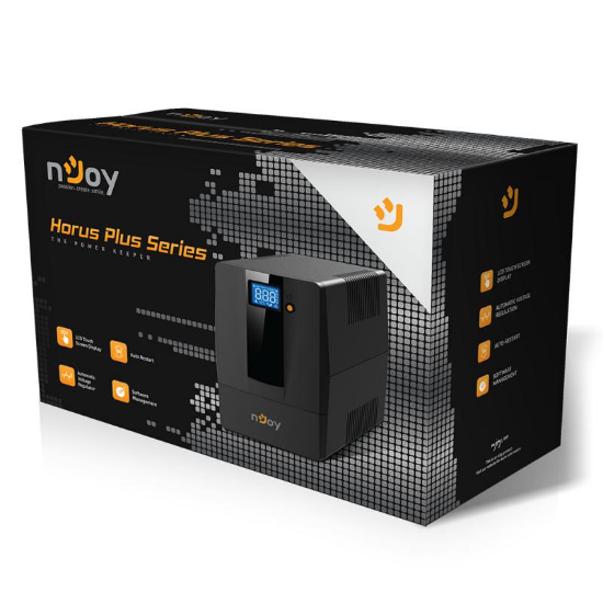 Imagine UPS nJoy Horus Plus 1000, 1000VA/600W, Afisaj LCD cu ecran tactil, 4 Prize Schuko cu Protectie, Repornire Automata, RJ11 protectie pentru linia de telefon/modem, Posibilitatea de monitorizare si control prin USB, LAN si internet, port de comunicare USB, rata de eficienta pana la 90%